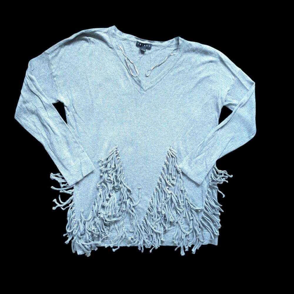 Tribal Women’s Athletic Gray Fringe V-Neck Long Sleeve Sweater – Size L EUC